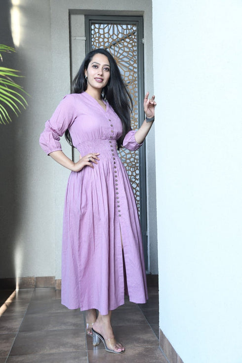 AAHELI MAUVE COTTON KANTHA COMFY DRESS AAHELI MAUVE COTTON KANTHA COMFY DRESS